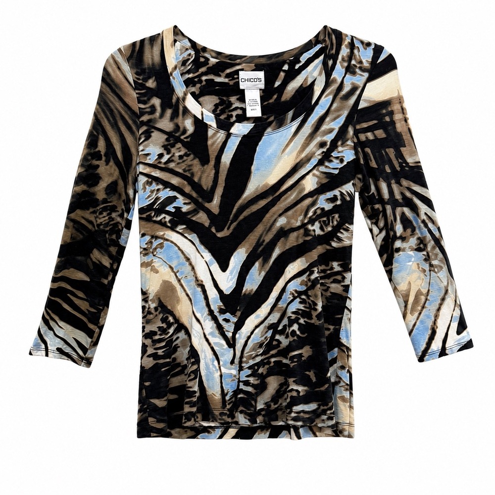 Chicos Womens Abstract Animal Print Scoop Neck 3/4 Sleeve Top Size 0 Small Blue